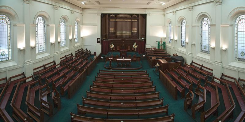 The sanctuary at Collins Street Baptist Church, set up for an event